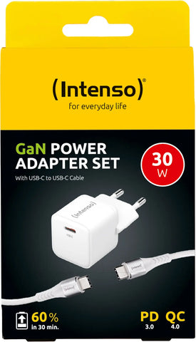INTENSO Power Charger 30W GaN 1x USB-C 7803042 + Cable USB-C to USB C white