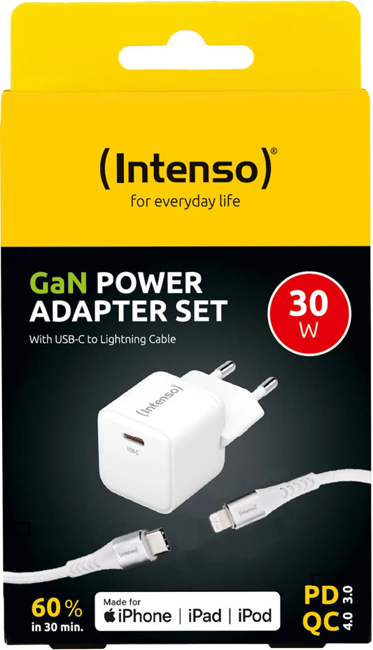 INTENSO Power Charger 30W GaN 1x USB-C 7803052 +Cable USB-C - Lightning white