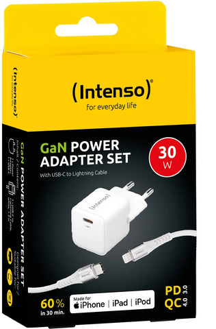 INTENSO Power Charger 30W GaN 1x USB-C 7803052 +Cable USB-C - Lightning white