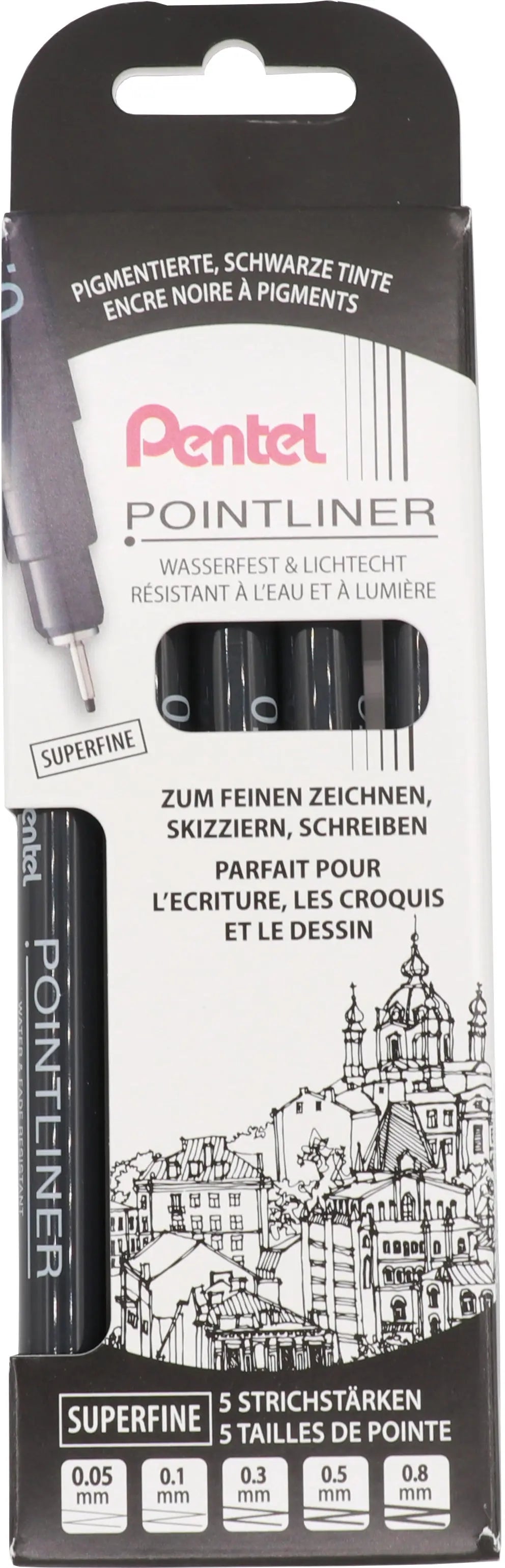 PENTEL Fineliner Pigment 5er Set YS20P-5A POINTLINER schwarz superfine