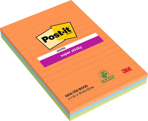 POST-IT Block Super Sticky 101x152mm 4645-3SS-BOOS 3 farbig liniert 3x45 Blatt