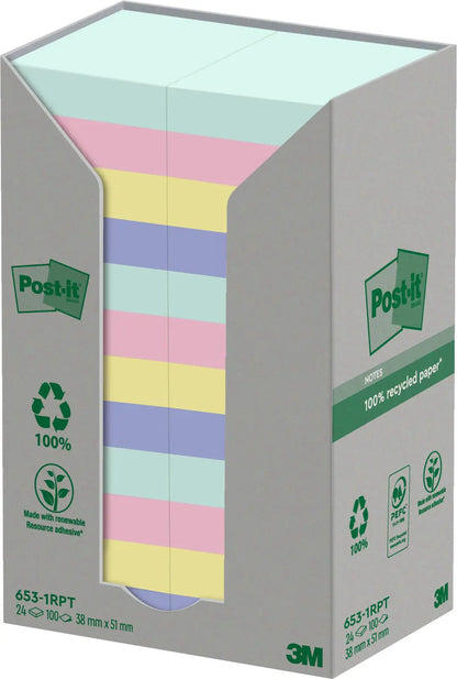 POST-IT Haftnotizen Recycling 51x38mm 653-1RPT 4-farbig, 24x100 Blatt