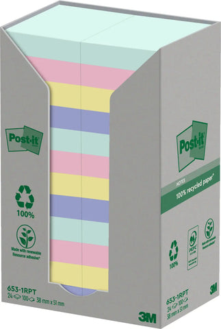 POST-IT Haftnotizen Recycling 51x38mm 653-1RPT 4-farbig, 24x100 Blatt