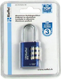 RIEFFEL SWITZERLAND Vorhängeschloss Nr. 22 27,5mm 22/30 BLAU SB blau, mit Zahlenschloss