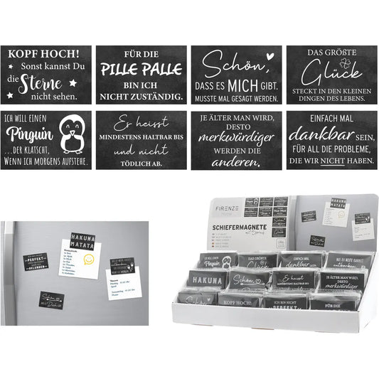 ROOST Magnete Schiefer mit Spruch 10039650 12-fach assortiert