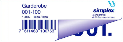 SIMPLEX Garderobenblock Nr. 1-100 13075 blau 100 Blatt