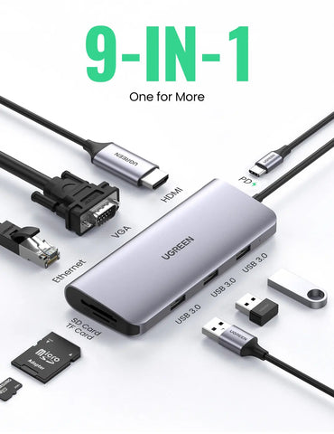 UGREEN USB-C Hub 9in1 HDMI ,VGA,RJ45 40873 SD TF,3xUSB-A,USB-C PD,silver
