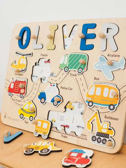 transport wooden name puzzle