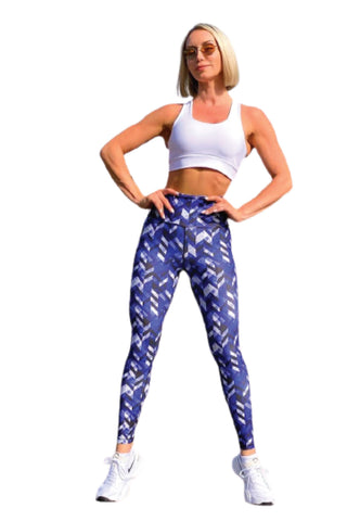 1037 Leggings taille extra haute en bleu et blanc à motifs