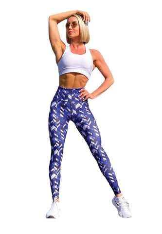 1037 Leggings taille extra haute en bleu et blanc à motifs