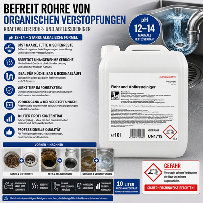 Rohr- og afløbsrenser, fjerner lugte og tilstopninger, pH > 12, 10 liter