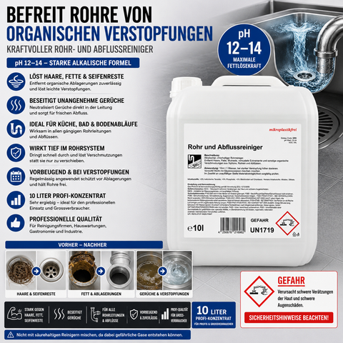 Rohr- og afløbsrenser, fjerner lugte og tilstopninger, pH > 12, 10 liter
