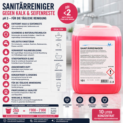 Sanitær rengjøringsmiddel, mot kalkforurensninger, konsentrat, pH <2, 10 liter