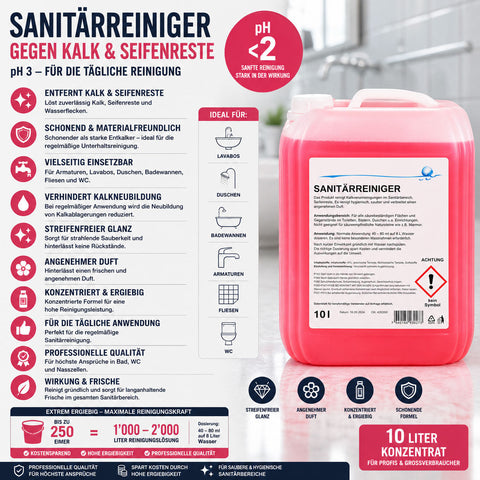 Sanitær rengjøringsmiddel, mot kalkforurensninger, konsentrat, pH <2, 10 liter