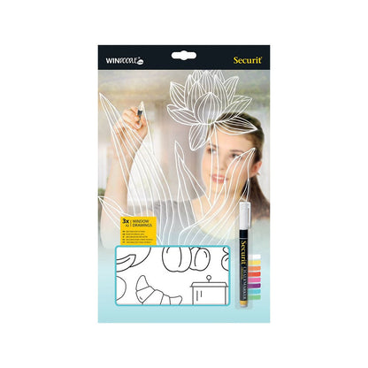 Securit® Fensterschablonen "Windoodle", Format: A2, Thema: Food, inkl. 1 Securit® Kreidestift, 3er Set