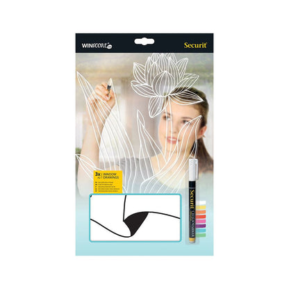 Securit® Fensterschablonen "Windoodle", Format: A2, Thema: Girl Birthday, inkl. 1 Securit® Kreidestift, 3er Set