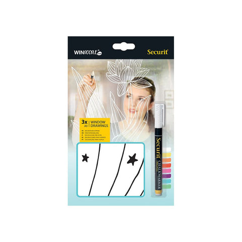 Securit® Fensterschablonen "Windoodle", Format: A3, Thema: Kinder, inkl. 1 Securit® Kreidestift, 3er Set