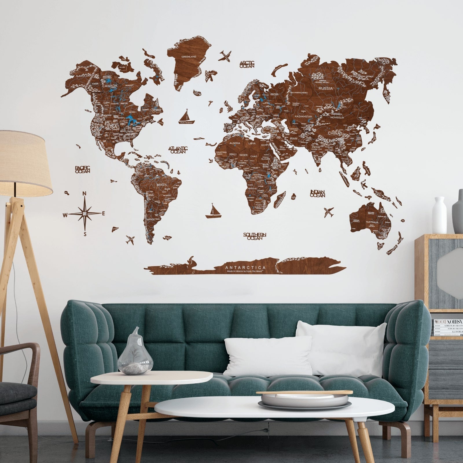 wooden wall map walnut