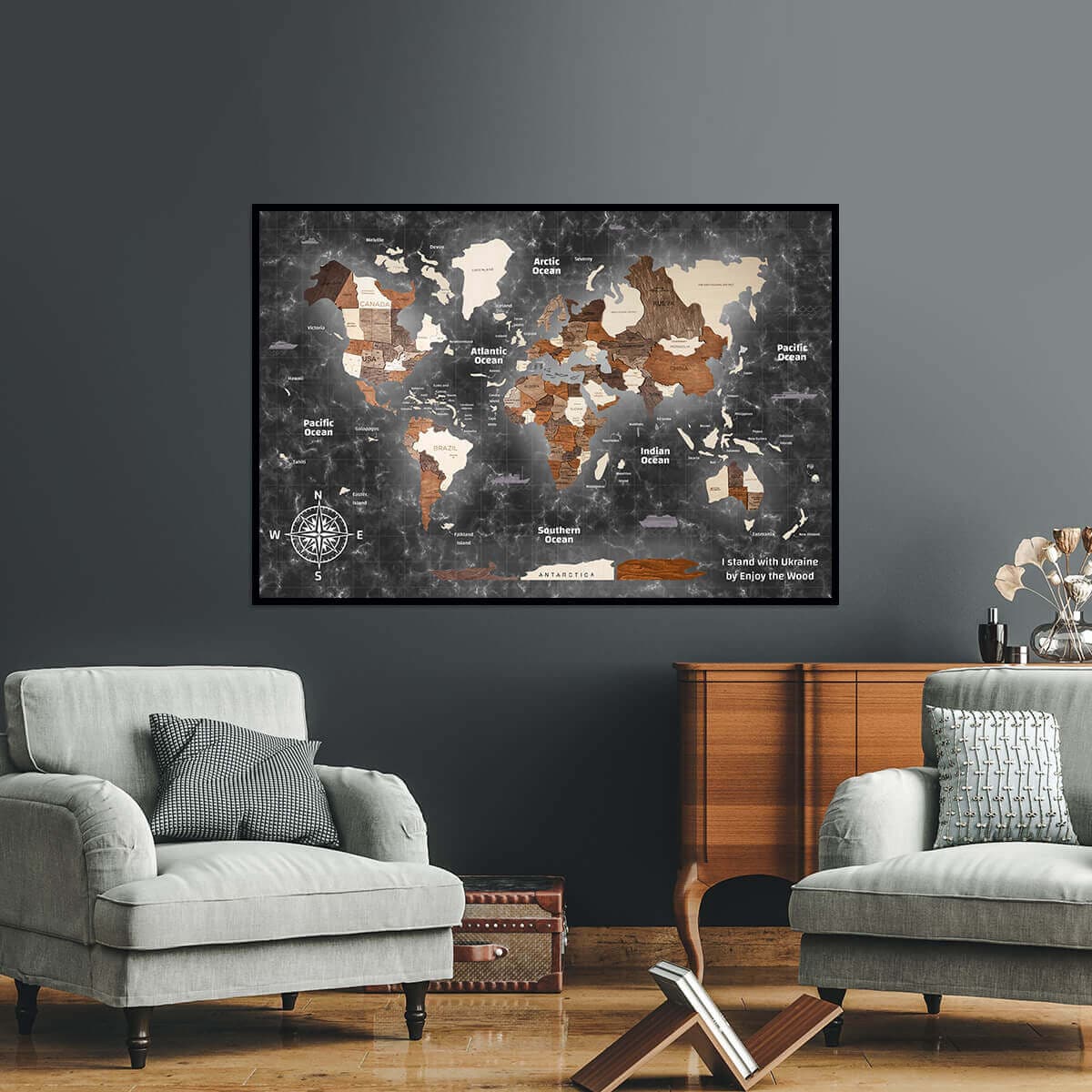 world map wooden panel