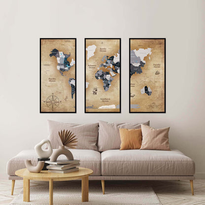 world map triptych