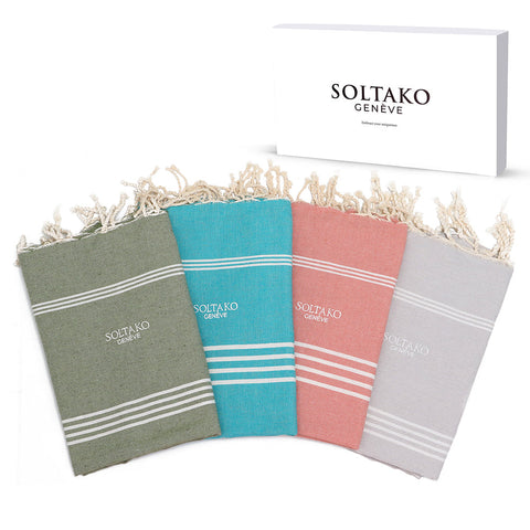 Set aus rosa, aquablauer, khaki und hellgrauer Fouta mit Geschenkbox