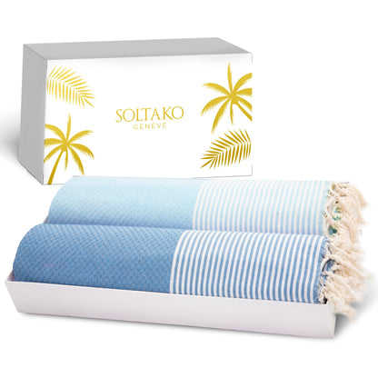 Premium Strandtuch / Hamamtuch 2er Set "Marinenblau & Hellblau"