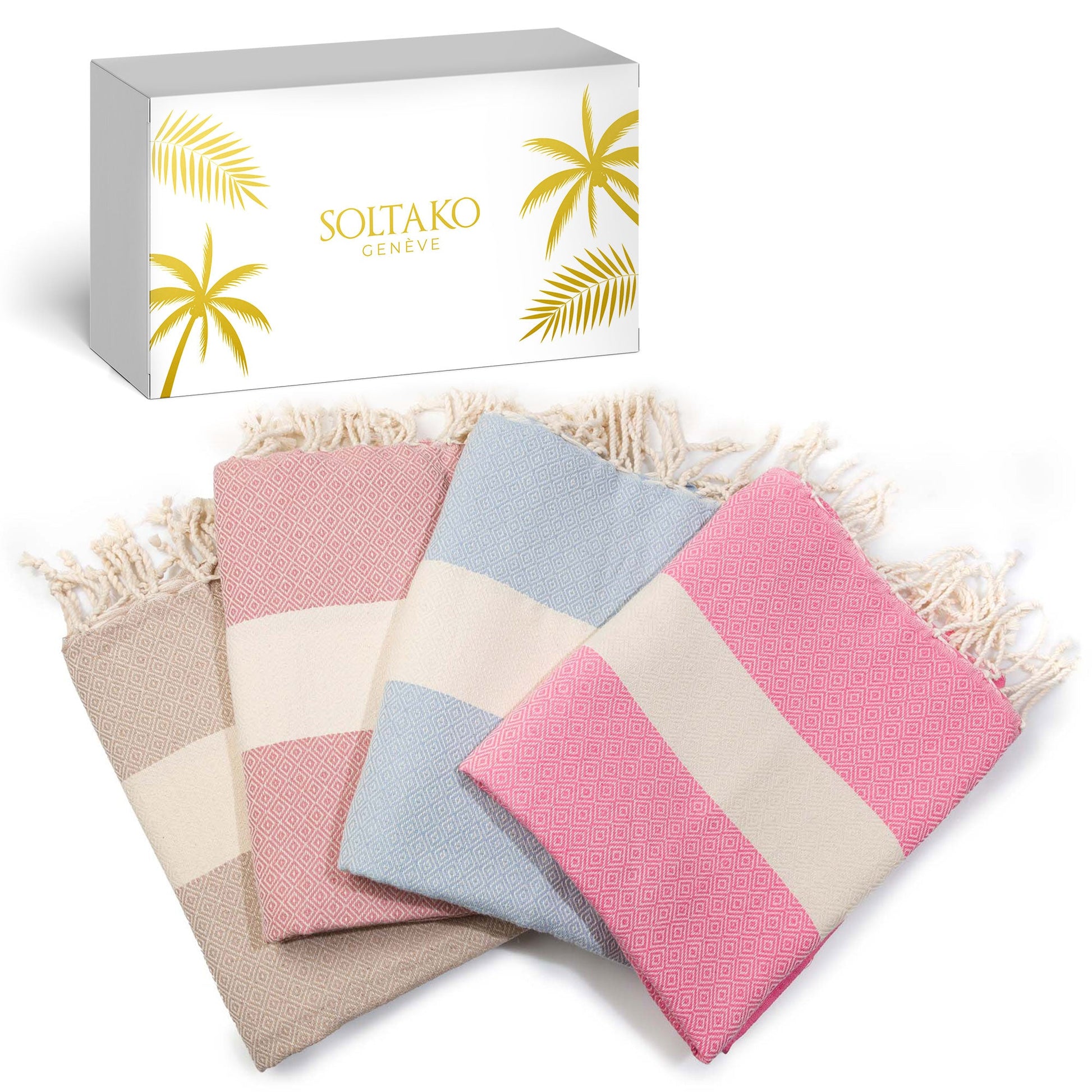 Set aus braunem, korallenrotem, rosa und hellblauem Hamamtuch Strandtuch mit Geschenkbox