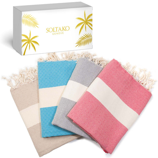 Strandtuch-Set in rosa aqua blau beige und grau mit Geschenkbox