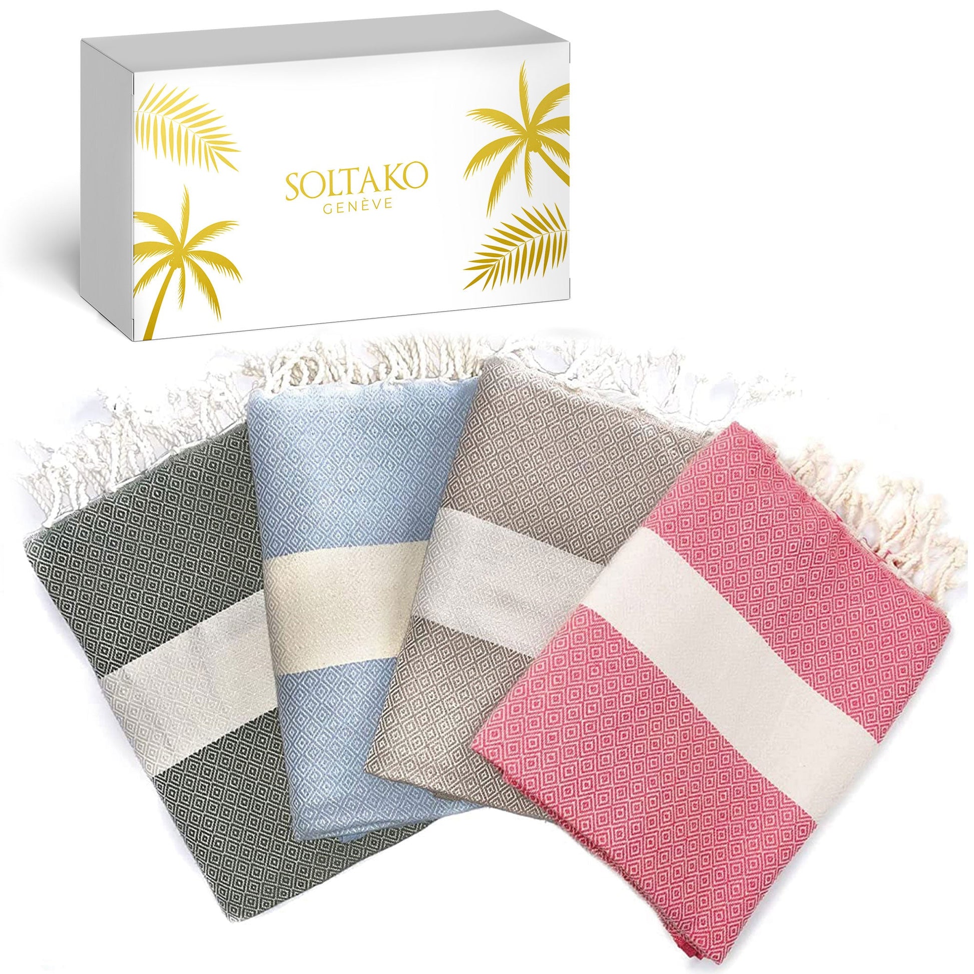 Set aus dunkelgrauer, hellblauer, brauner und korallenroter Fouta mit Geschenkbox