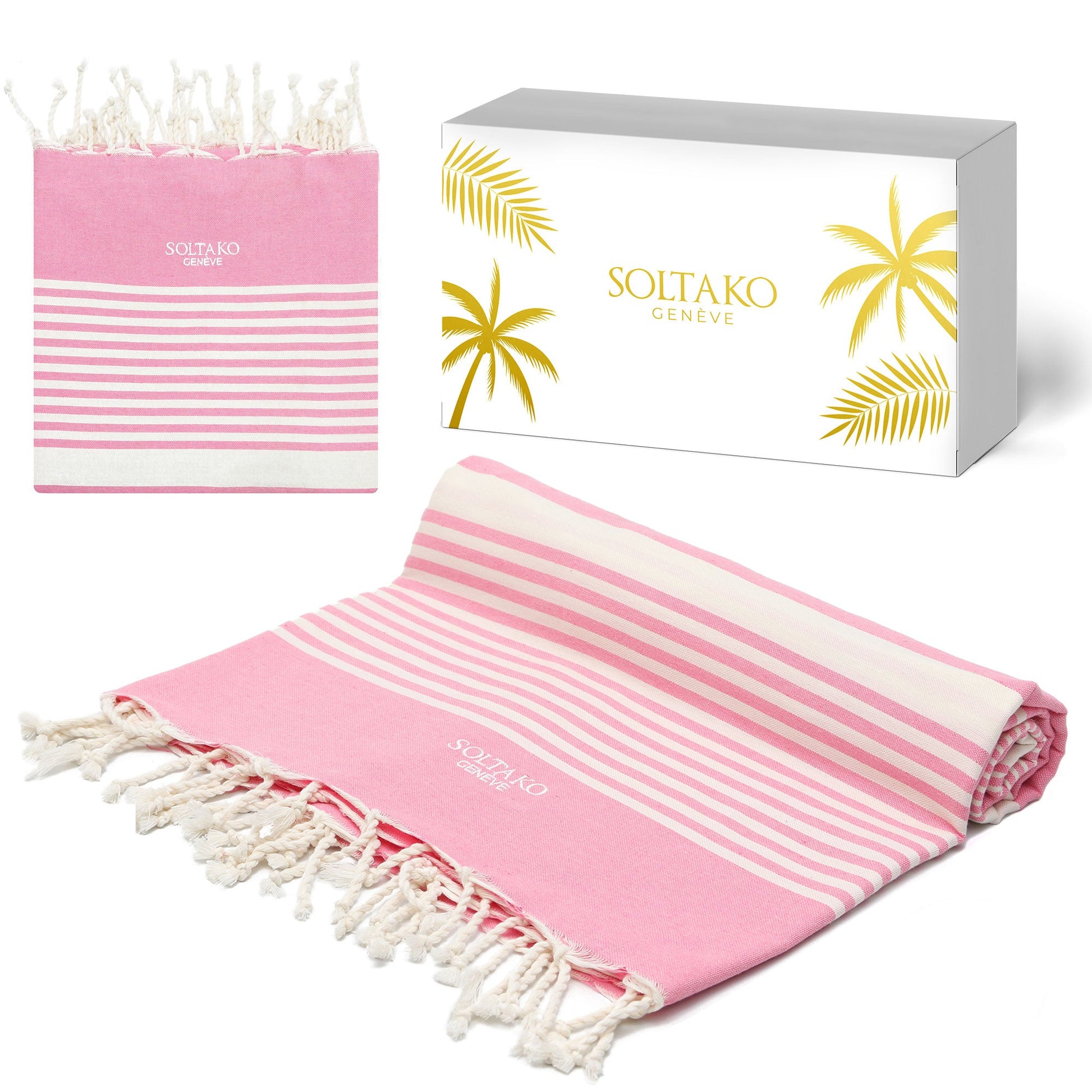 ein rosa XXL Strandtuch fouta mit weißer Geschenkbox