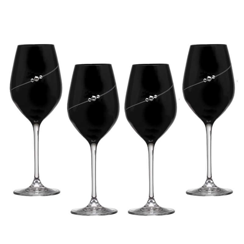 MATRIVO Black New Pen White Wine Glass with Swarovski Crystals - Set of 4 Pieces - AlpsDiscovery